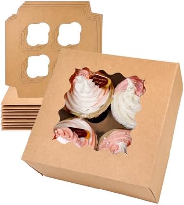qiqee Auto-pop Up Cupcake Boxes with Window Brown 100PCS 4 Count Cupcake Box 6.3"x6.3"x3" Cupcakes Carrier, 4 Cupcake Containers