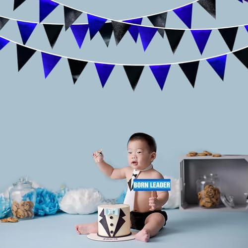 Royal Blue Black Party Decorations Navy Black Metallic Fabric Triangle Pennant Banner Flag Bunting Garland for Graduations Birthday Retirement Wedding Bachelorette Nautical Outdoor Party Supplies