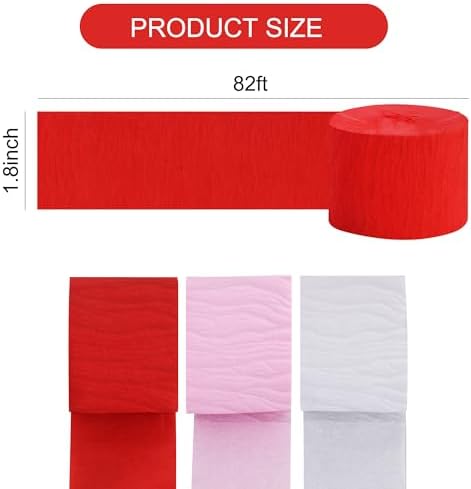 BEISHIDA 6 Rolls Red White Pink Crepe Paper Streamers for Cartoon Cat Theme Party Decorations Valentines Wedding Romantic Mother's Day Birthday Baby Shower DIY Craft Paper (1.8 Inch x 82 Ft/Roll)
