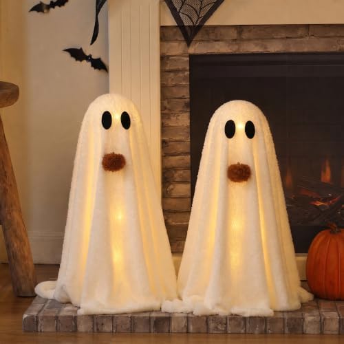 Halloween Decorations-2 Pack Light-Up Sherpa Ghosts with Pumpkin