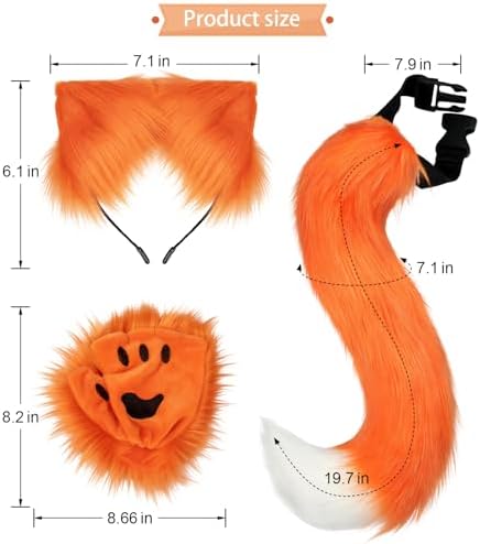Cat Ears and Tail,Wolf Fox Ears Long Tail and Bell Lace Choker Set for Halloween,Animal Cosplay Party Costume