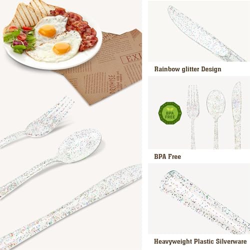 150 Pack Clear Plastic Silverware - Disposable Cutlery with Colorful Design, Includes 50 Forks, 50 Knives, 50 Spoons for Birthday, Wedding, Baby Shower