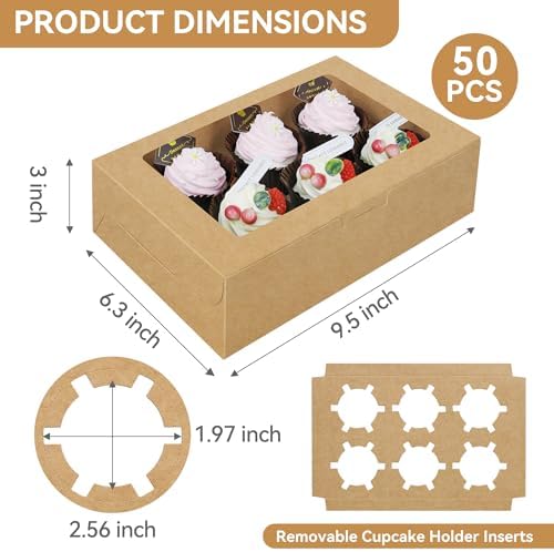 50-Set Cupcake Boxes Bulk with Clear Display Window Hold 6 Standard Cupcakes, Disposable Food Grade Brown Cupcake Carrier Cupcake Container, Perfect for Cupcakes Muffins Cookies Pastries