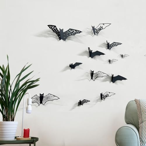 24Pcs Large Halloween Bats Wall Decorations Bats Wall Stickers 3D Self-Adhesive PVC Bats Wall Decals Removable Hollow Bats Window Stickers Walls Clings Decorations for Halloween Party Indoor Supplies