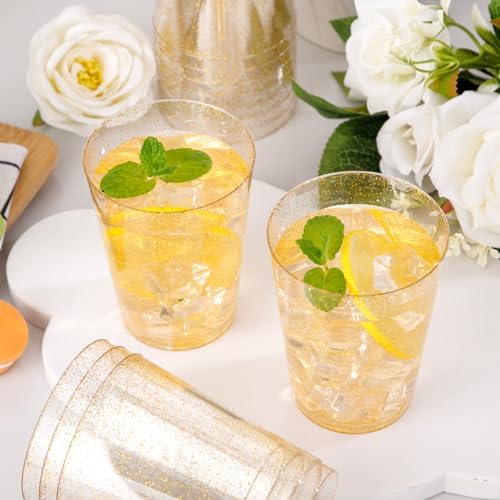 I00000 60 Pcs Gold Plastic Cups, 10 oz Hard Gold Glitter Disposable Cups