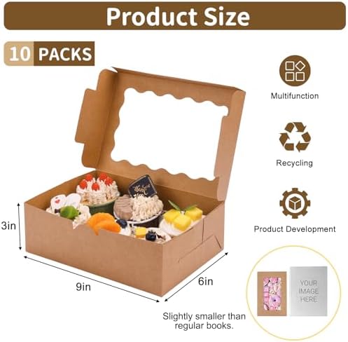 Moretoes 10pcs Cookie Boxes with Window, 9x6x3 In Brown Bakery Boxes