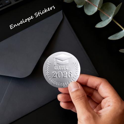 100 PCS Class of 2026 Graduation Stickers, Matte Silver Embossed Graduation Cap Labels for Candy Bags, Dessert Table Treat Bags, Invitations, Envelopes, Favor Bags & Gift Wrapping, 1.6 Inch