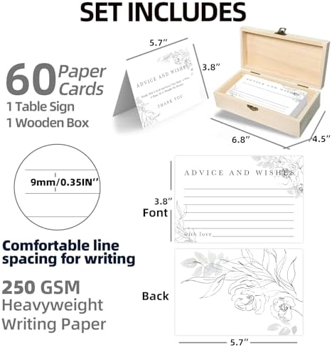 Advice & Wishes Cards Box - Elegant Floral Keepsake for Wedding, Baby Shower, Retirement - 60 Cards + Wooden Box & Stand
