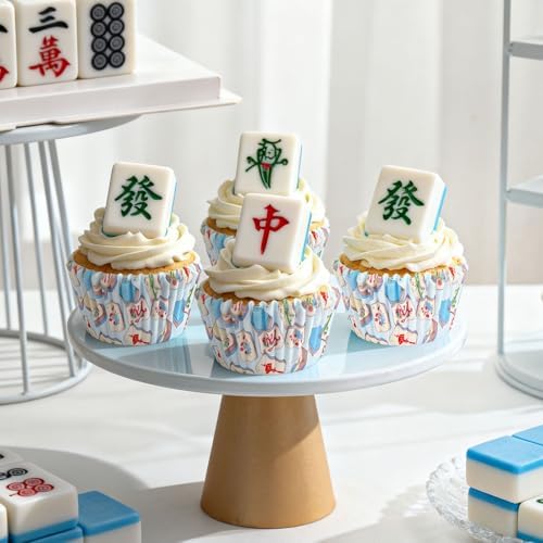 JarThenaAMCS 300Pcs Mahjong Cupcake Liners Blue Paper Baking Cups Standard Muffin Cupcake Wrappers for Birthday Game Night Theme Party Supplies