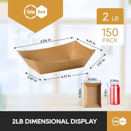 Disposable Paper Food Trays 2lb, 150 Pack Brown Paper Boats - Heavy Duty Holders for French Fries, Nachos, Hot Dogs, Tacos, Popcorn - Grease Resistant Snack Boats for Food Trucks, Parties, Delivery
