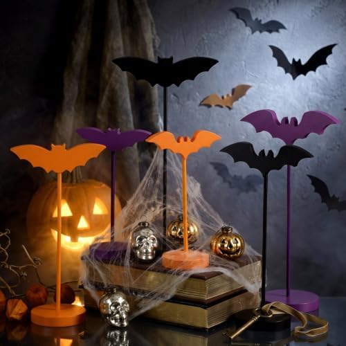 Geetery 6 Pieces Halloween Table Decorations Wood Bat Decor, Purple Orange