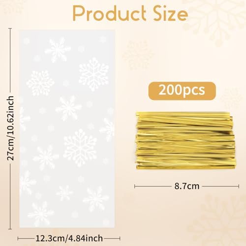Snowflake Christmas Treat Bags, 200PCS Winter Cellophane Bags, Plastic Xmas Clear Frozen Cookie Candy Snack Goodie Gift Bag with Twist Ties for Christmas Winter Holiday Party Favors Supplies