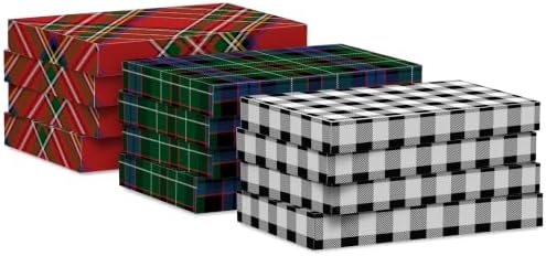 Hallmark Medium Christmas Gift Boxes with Lids (12 Shirt Boxes, 3 Designs: Blue, Green, Red Plaid, Black Buffalo Check) for Christmas, Hanukkah, Birthdays, Father's Day