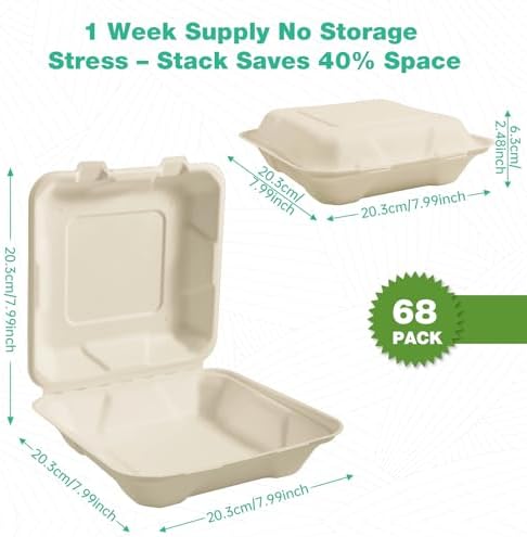 8x8 Inch 68 Pack Compostable Clamshell Take Out Food Containers, Disposable Paper To Go Boxes with Lids, Heavy Duty Sugarcane Bagasse Containers for Meals & Takeout, Natural