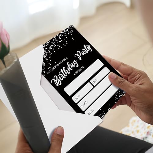Minimalist Birthday Invitations, 20 Party Invitations with Envelopes For Birthday, Black Silver Invitations for Boys and Girls, Birthday Party Decorations Supplies