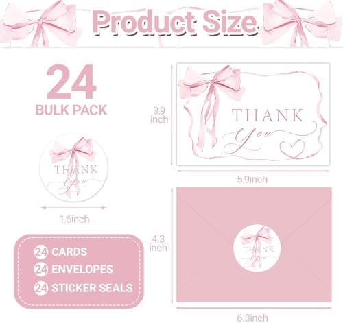 24 Pack Pink Bow Thank You Cards, Bowknot Bridal Shower Greeting Card with Envelopes and Stickers for Birthday Summer Wedding Baby Shower Party Supplies