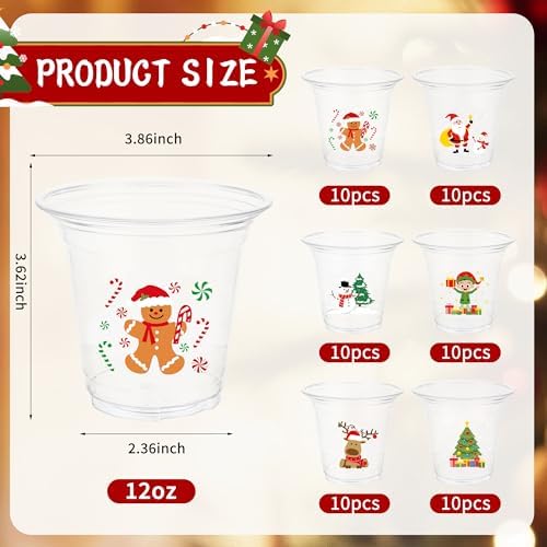 peony man 60Pcs Christmas Disposable Plastic Cups 12oz Merry Christmas Clear Cup Santa Claus Snowman Drinking Cups for Cold Beverage Coffee Xmas Winter Holiday Party Cup Supplies