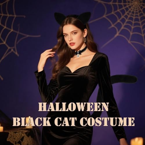 DysanVica Black Cat Costume Accessories - Cute Fluffy Cat Ears Headband Tail Collar for Adult Women Halloween