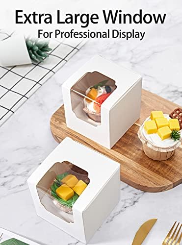 Happyhiram 50 Pack Individual Cupcake Boxes with Inserts & Window, White
