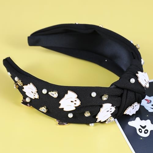 Halloween Ghost Headbands for Women Girls Spooky Beaded Crystal Rhinestone Knotted Headband Ghost Costume Hair Accessories Halloween Holiday Cosplay Party Favors
