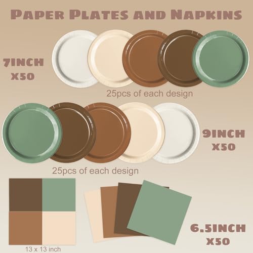 Oigco 150 PCS Woodland Baby Shower Decorations - Sage Green Neutral Forest Animal Brown Plates and Napkins for Safari Jungle Baby Shower Decorations, Serves 50