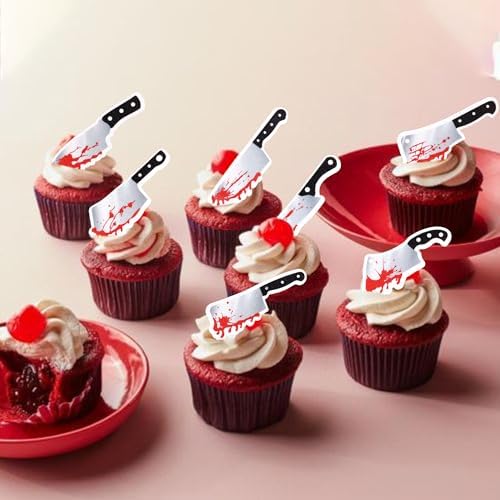 64 PCS Edible Halloween Blood Knife Cupcake Toppers Wafer Paper Horror Blood Knife Cupcake Picks Edible Have a Killer Birthday Cake Decorations for Halloween Theme Killer Birthday Party Supplies