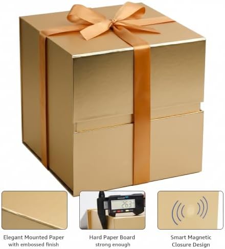 LIFELUM Gold Gift Box for Birthday with Magnetic Lid, 10.2"x10.2"x10.2"