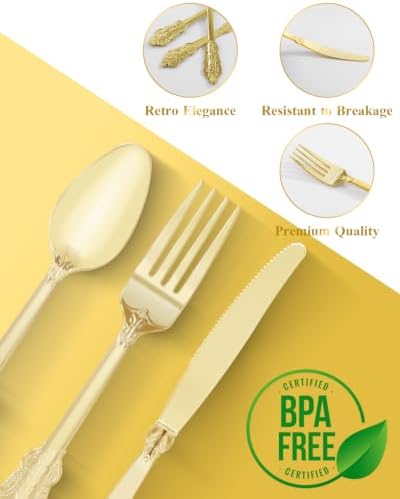 Goodluck 75 Pack Gold Plastic Silverware Set, Heavy Duty Cutlery
