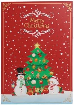 Christmas Wooden Advent Calendar Book with LED lighting Red Color Christmas Snowman & Santa Countdown Holiday Gifts with 24 Drawers Adults Kids Home Decoration