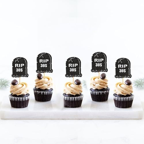 Ercadio 24Pcs Glitter Black Rip 30s Cupcake Topper Tombstone Cupcake Picks for Funeral 40th Birthday Anniversary Cupcake Decorations Rip to My Youth Emo Party Decorations
