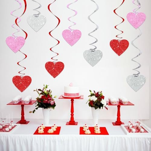 BEISHIDA Happy Valentine's Day Pre-Strung Hanging Swirls Valentine's Decorations Red Pink Silver Glitter Heart Hanging Decorations for Mother's Day Wedding Anniversary Proposal Party Supplies 15Pcs