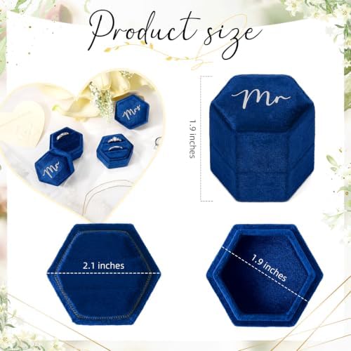 Mr & Mrs Velvet Wedding Ring Box 2 Slots Cursive Hexagon Jewelry Ring Box for Wedding Day Ceremony Bridal Photography Gift Set of 2 (Sapphire Blue)