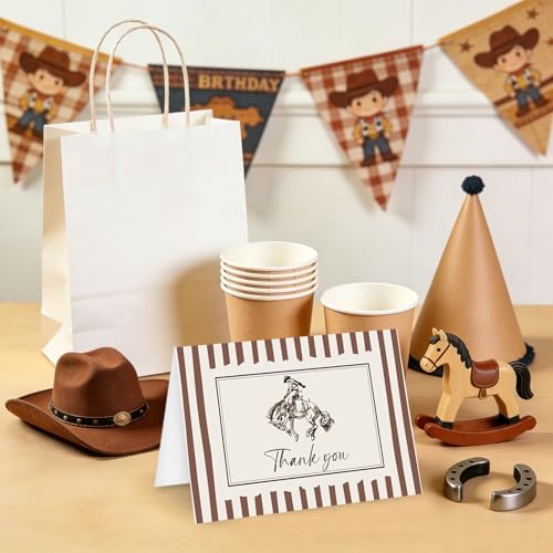 JarThenaAMCS 24Pcs Cowboy Thank You Cards with Envelopes Stickers Western Greeting Cards Beige Brown Striped Blank Note Card for Cowboy Birthday Country Party Supplies