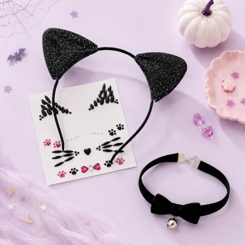 Black Cat Ears Headband, Bell Choker & Face Stickers - Black Cat Costume Outfit Woman Adult Women, Halloween Dress Up & Cosplay Party Accessories