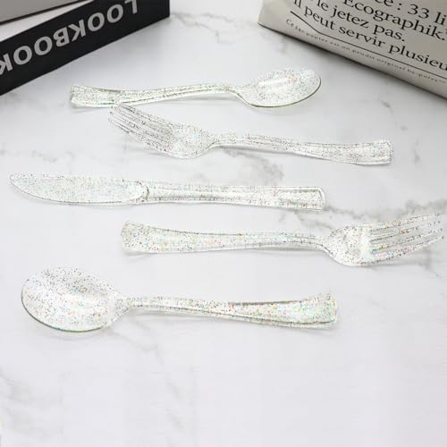150 Pack Clear Plastic Silverware - Disposable Cutlery with Colorful Design, Includes 50 Forks, 50 Knives, 50 Spoons for Birthday, Wedding, Baby Shower