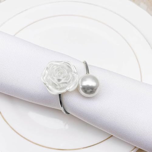 Silver Valentine's Day Napkin Rings Set of 6, Metal Rose Pearl Valentine's Day Napkin Holders Holiday Mother's Day Wedding Table Decorations Party Supplies