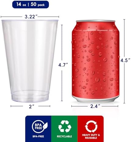 JOLLY CHEF 14 oz Clear Plastic Cups, 50 Pack Heavy-duty Party Glasses, Disposable plastic cups for wedding Cocktails Tumblers, Ideal for Halloween, Christmas, and Thanksgiving Parties