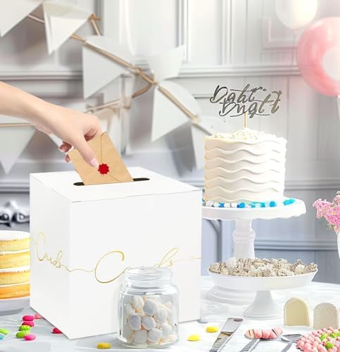 HEIPINIUYE Large Card Box for Party 9.8" x 9.8" White Gift Card Box Holder with Gold Foil Design for Wedding Birthday Baby Shower Retirement Graduation Party Raffle Box
