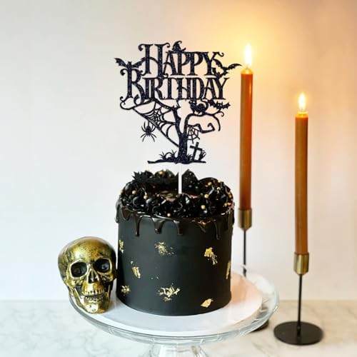 Black Glitter Halloween Happy Birthday Cake Topper, Spooky Haunted House Cake Decor, Creepy Horror Birthday Themed Party Decorations Supplies