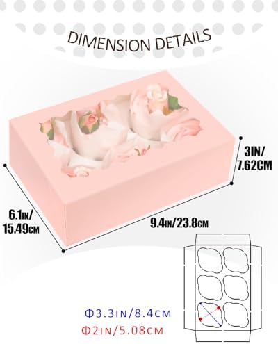 qiqee Pink Auto-pop up 6 Cupcake Boxes with Window 30 Packs Cupcake Box 9.4"x6.1"x3.3" Bakery Boxes For Cupcakes Carrier, Cupcake Containers