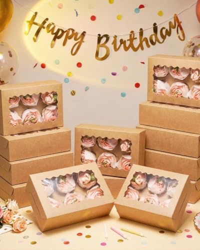 qiqee Auto-pop Up Cupcake Boxes with Window Brown 100PCS 6 Count Cupcake Box 9.4"x6.1"x3" Cupcakes Carrier, 6 Cupcake Containers
