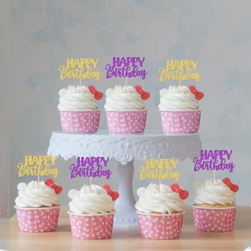 30 PCS Happy Birthday Cupcake Toppers Glitter Happy Birthday Cupcake Picks for Celebrating Anniversary Theme Christmas Party Cake Decorations Supplies Gold Purple