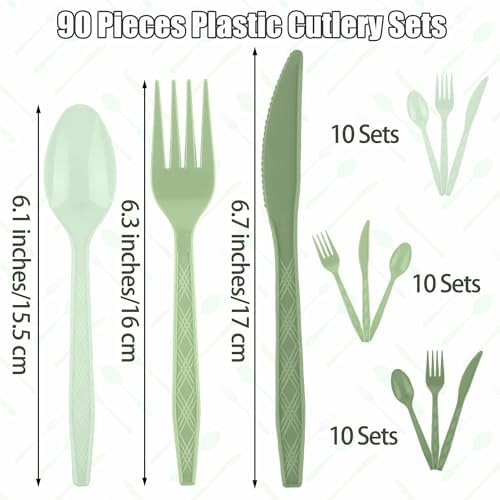 Kochorie 90 Pieces Gradient Sage Green Plastic Cutlery Set