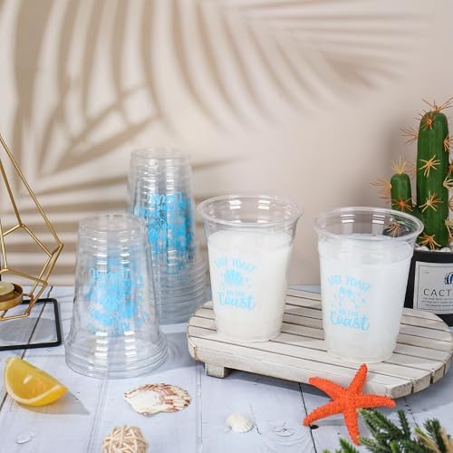 Whaline 50Pcs 12Oz Last Toast on the Coast Disposable Cup Coastal Beach Bachelorette Party Plastic Cup Blue Bach Clear Glasses for Coffee Juice Drink Party Supplies
