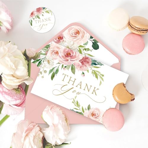 100 Pack Pink Thank You Cards with Envelopes, Floral Thank You Cards