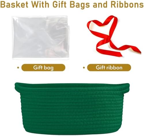 Poschnor Gift Basket with Gift Bags and Ribbons, Small Woven Rope Toy Storage Basket for Baby and Pet, 12"X 8" X 5", Green