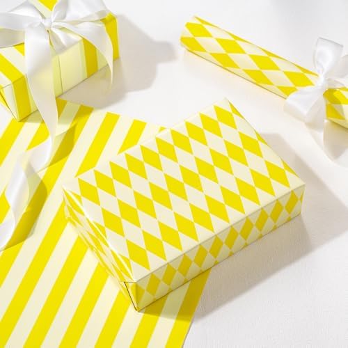 RUSPEPA Reversible Wrapping Paper Roll, Mini Roll, Yellow and White Stripes and Diamond Pattern Gift Wrap for Birthday, Wedding, Easter, Spring, Baby Shower, Bridal Shower, 17 Inches x 16.4 Feet