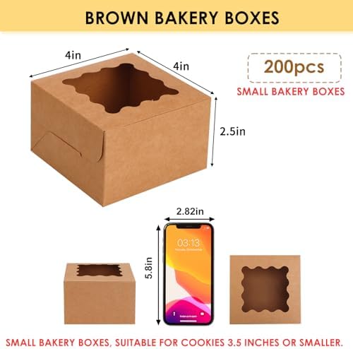 Moretoes 200pcs Small Cookie Boxes with Window, 4x4x2.5in Bakery Boxes
