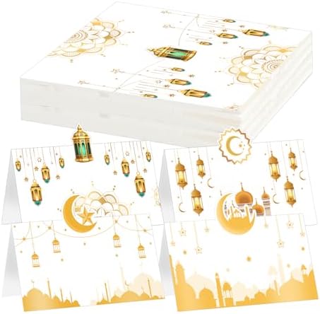 Auch Eid Place Cards - 40pcs Eid Mubarak Table Tent Cards Set Folded Ramadan Name Card for Eid Al-Fitr & Eid Al-Adha Dinner, Iftar Party Table Decorations, Buffet & Food Labelsr 4 Designs (White)