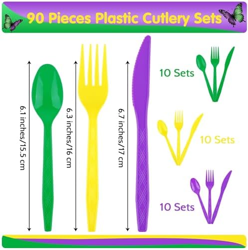 Kochorie 90 Pieces Mardi Gras Plastic Cutlery Set, Purple Yellow Green